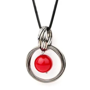 Long Pendant Necklace, Red Beads Circle Sweater Chain
