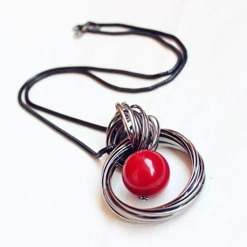 Long Pendant Necklace, Red Beads Circle Sweater Chain
