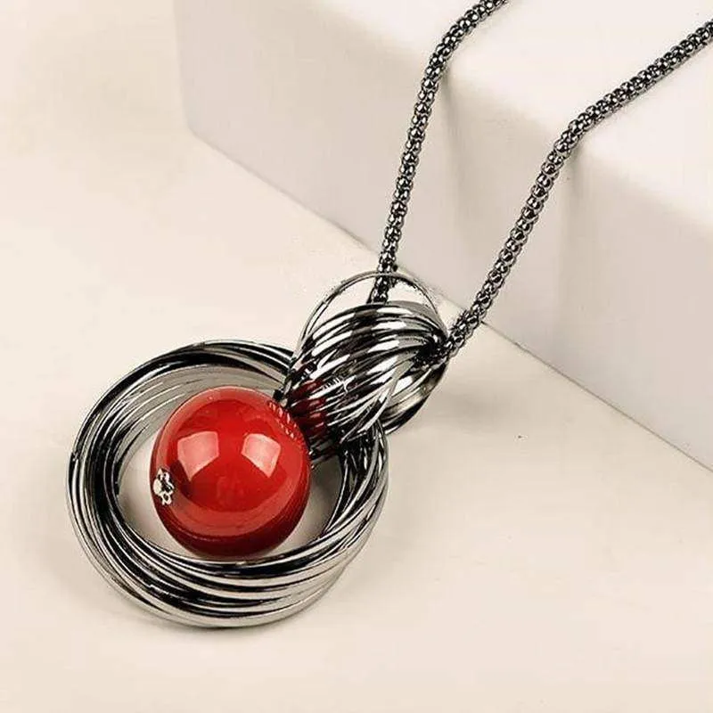 Long Pendant Necklace, Red Beads Circle Sweater Chain