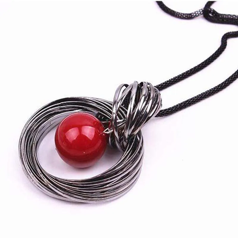 Long Pendant Necklace, Red Beads Circle Sweater Chain