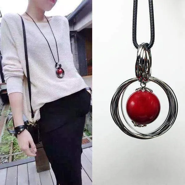 Long Pendant Necklace, Red Beads Circle Sweater Chain