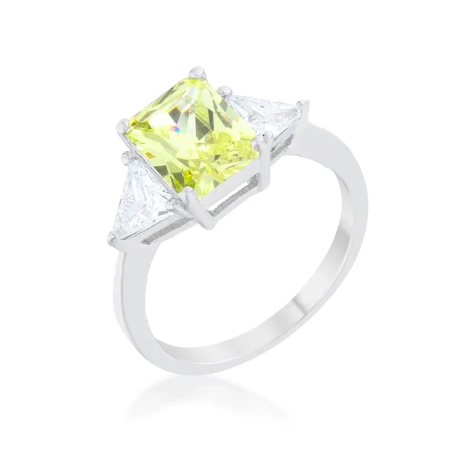 LOVCIA Elegant Radiant Cut Peridot Engagement Ring with Platinum Luster
