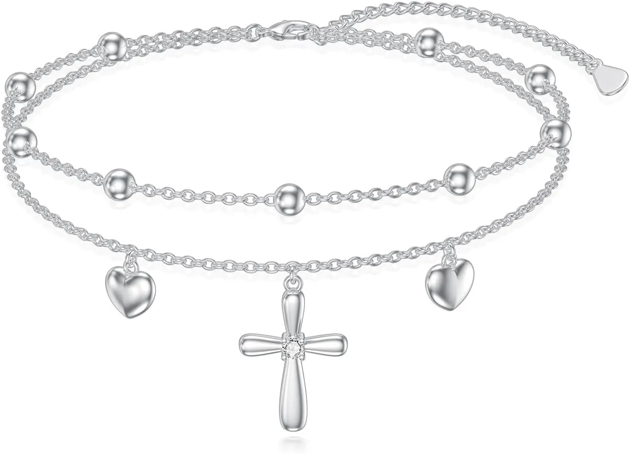 LUHE Cross Ankle Bracelets for Women Sterling Silver Adjustable Anklets Heart Bead Multilayer Layered Foot Anklet Jewelry Gifts for Girls