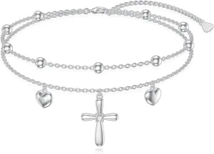 LUHE Cross Ankle Bracelets for Women Sterling Silver Adjustable Anklets Heart Bead Multilayer Layered Foot Anklet Jewelry Gifts for Girls