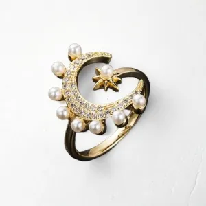 Lunar Pearl: Moon and Star Copper Ring