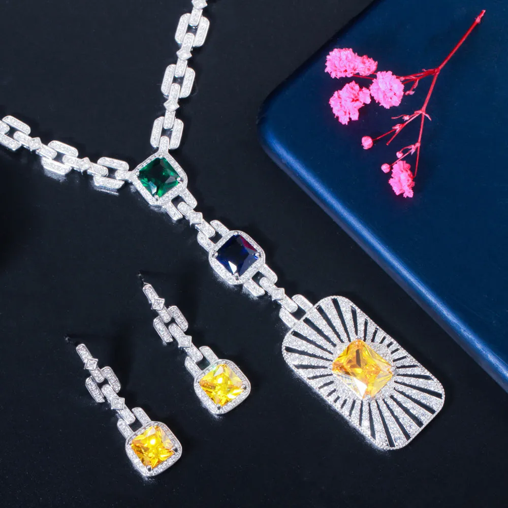 Luxurious 2Pcs Colorful CZ Long Pendant Necklace Earrings Set