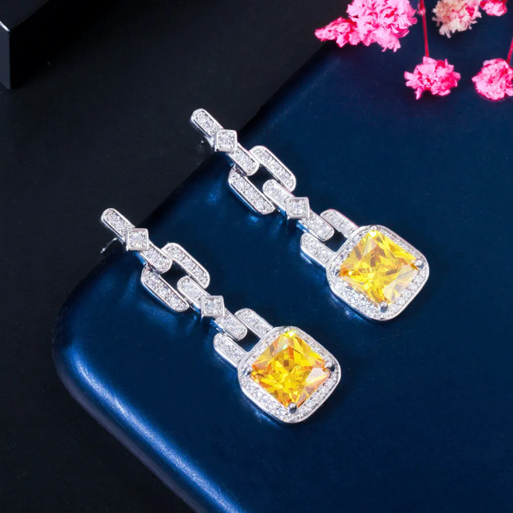 Luxurious 2Pcs Colorful CZ Long Pendant Necklace Earrings Set