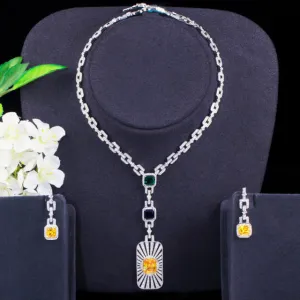 Luxurious 2Pcs Colorful CZ Long Pendant Necklace Earrings Set