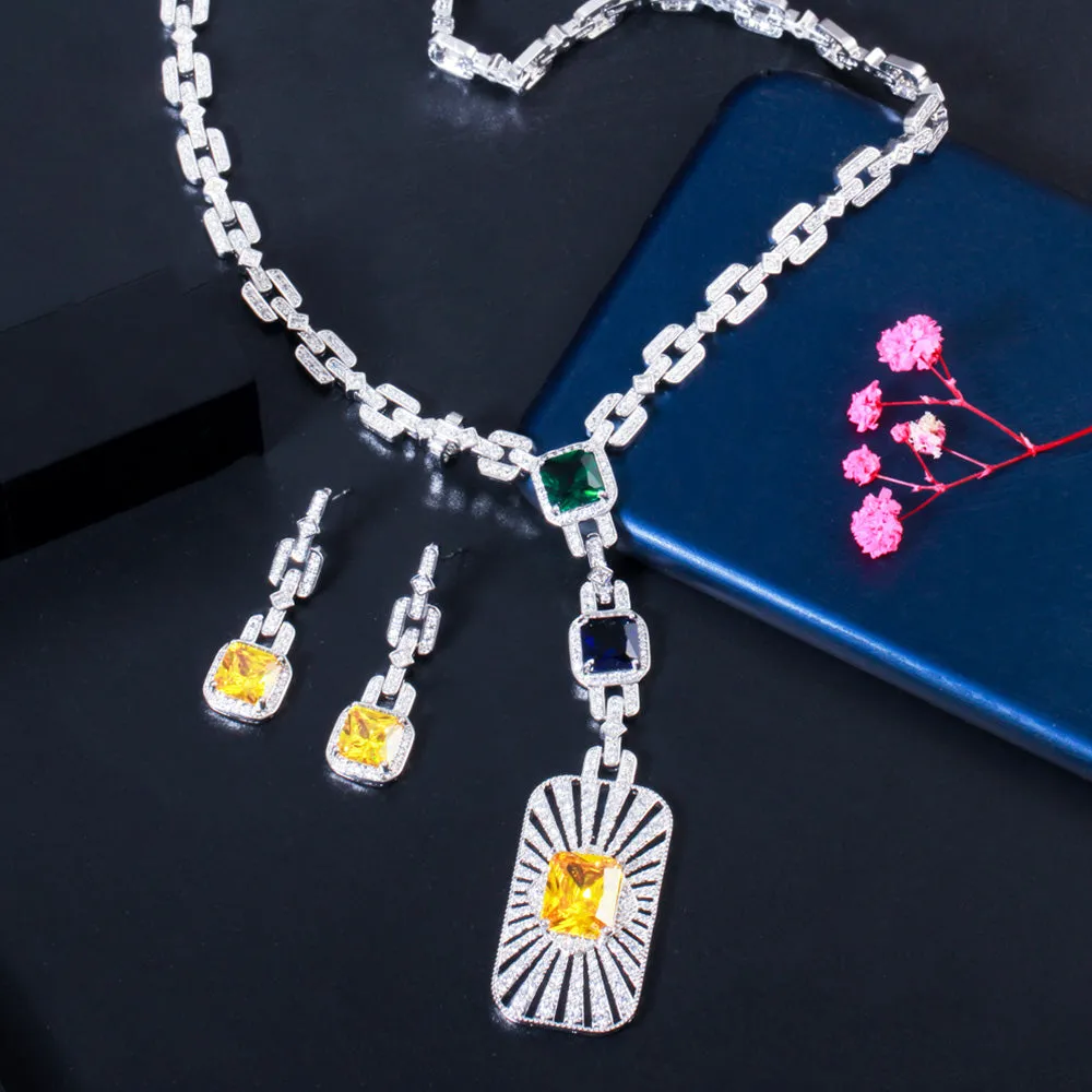 Luxurious 2Pcs Colorful CZ Long Pendant Necklace Earrings Set