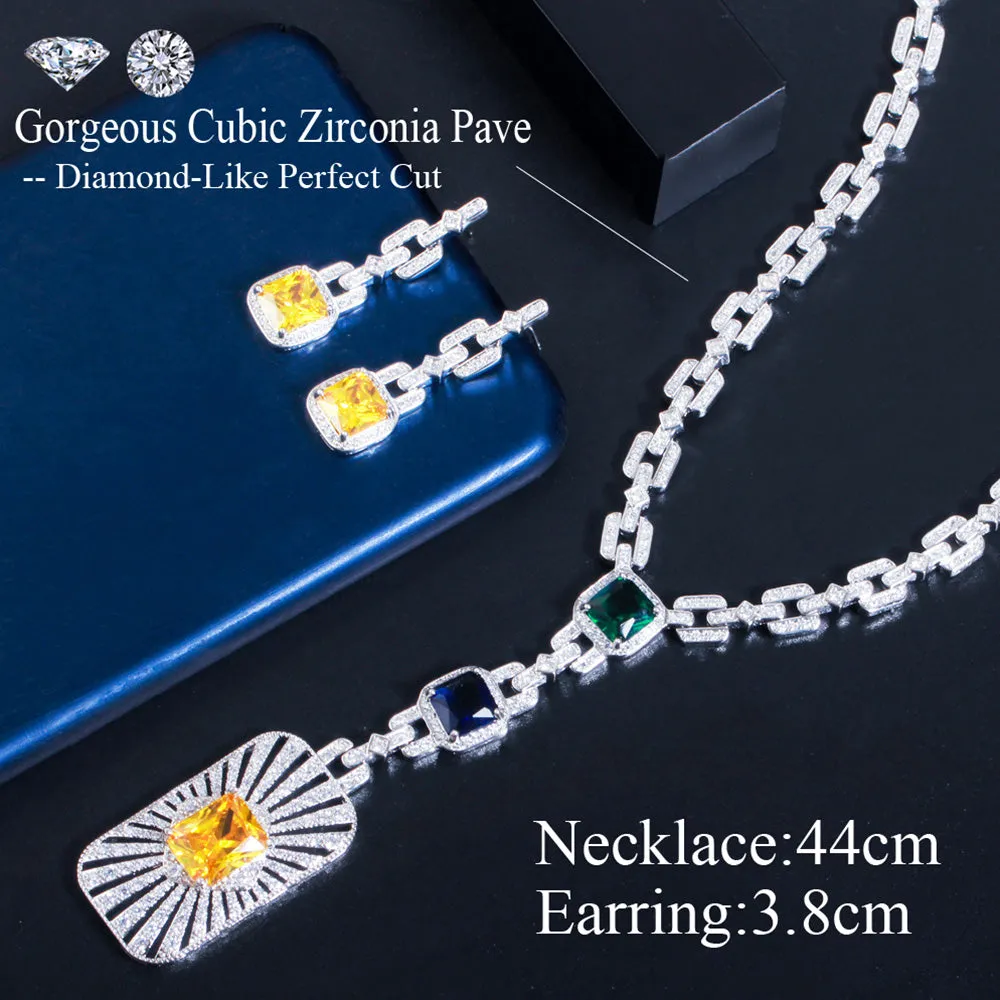 Luxurious 2Pcs Colorful CZ Long Pendant Necklace Earrings Set