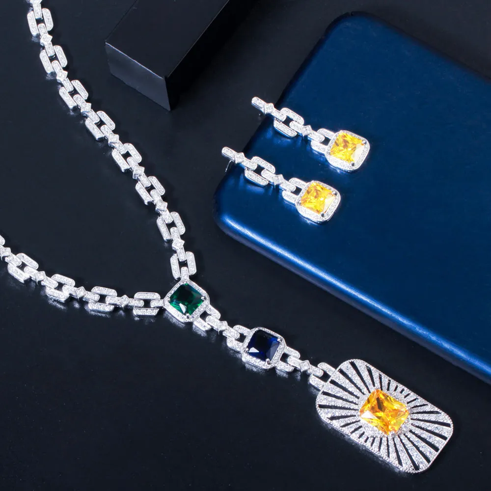 Luxurious 2Pcs Colorful CZ Long Pendant Necklace Earrings Set