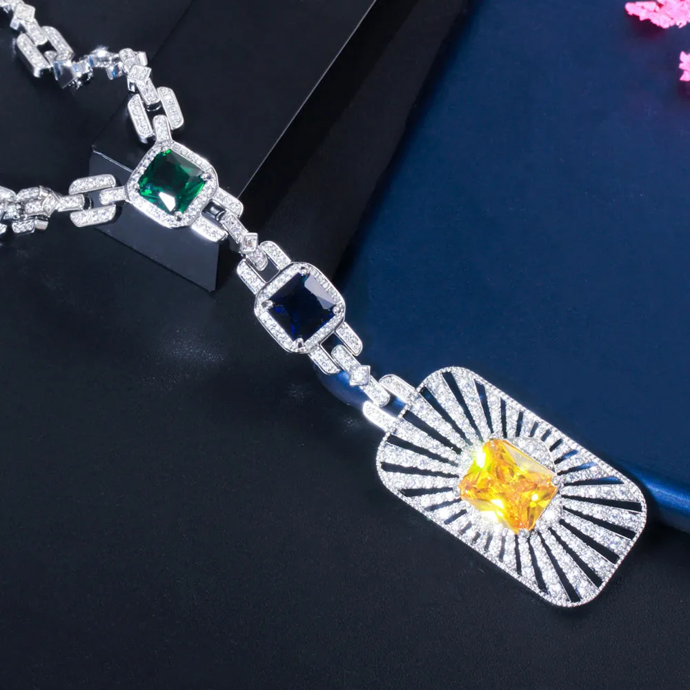 Luxurious 2Pcs Colorful CZ Long Pendant Necklace Earrings Set