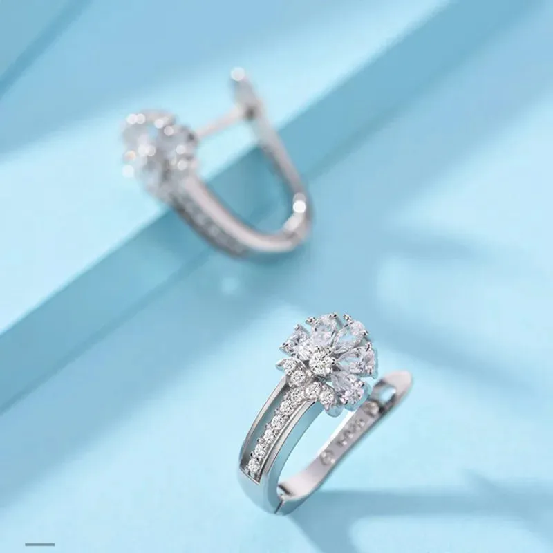 Luxurious Crystal Flowers Inlaid 925 Sterling Silver Hoop Earrings for Women Fancy Charm Jewelry Accessories