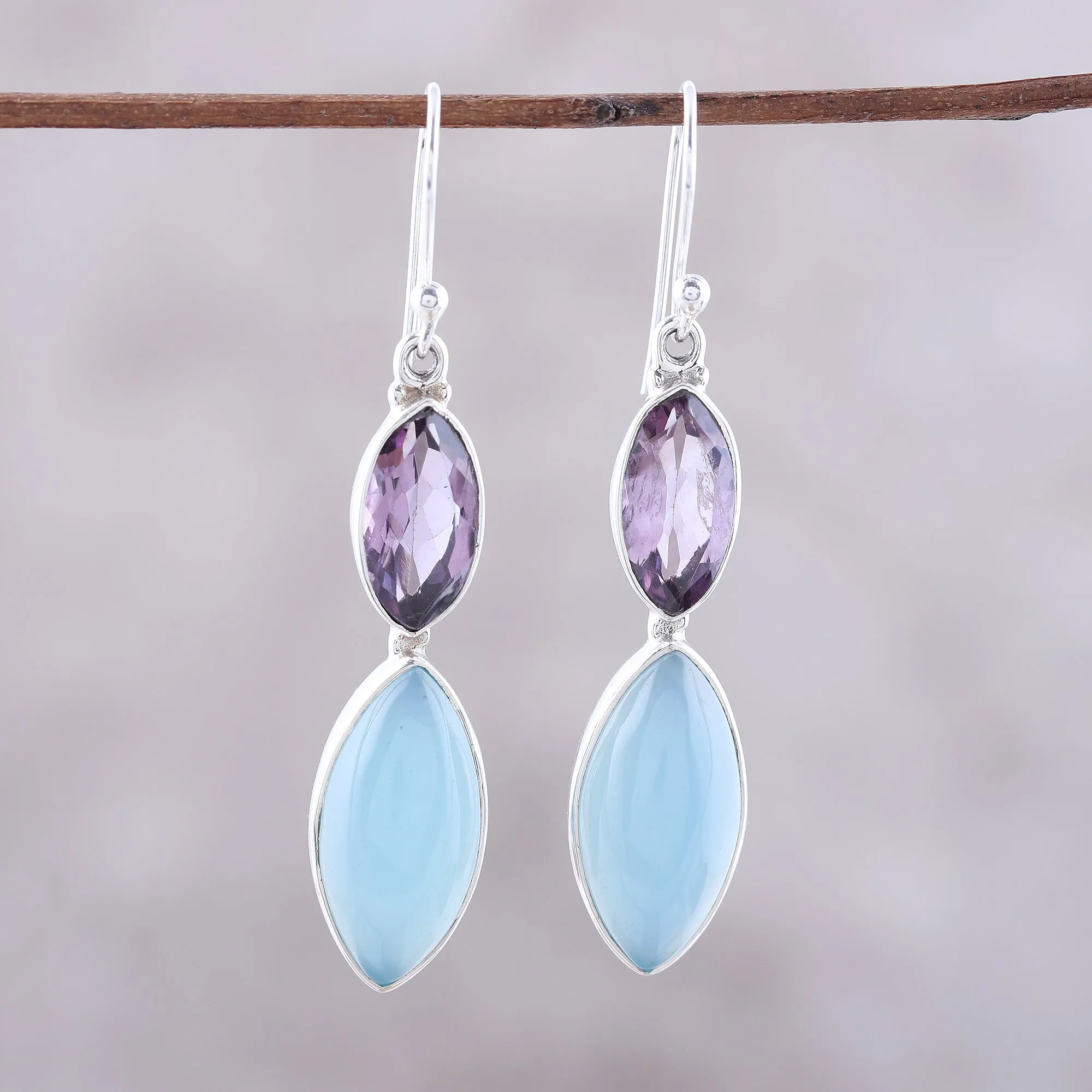 Luxurious Glow Sterling Silver Blue Chalcedony Amethyst Dangle Earrings