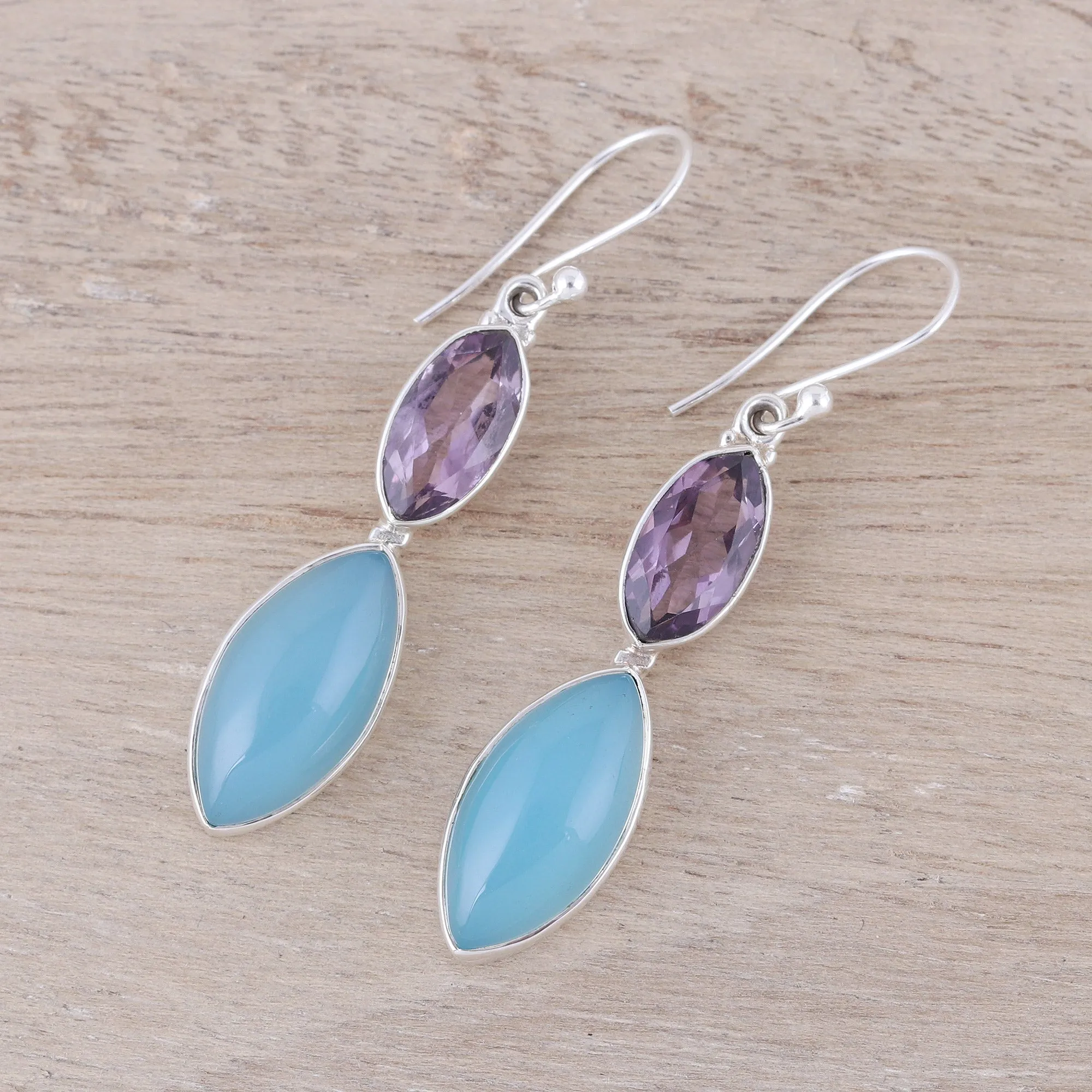 Luxurious Glow Sterling Silver Blue Chalcedony Amethyst Dangle Earrings