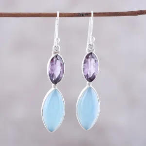 Luxurious Glow Sterling Silver Blue Chalcedony Amethyst Dangle Earrings