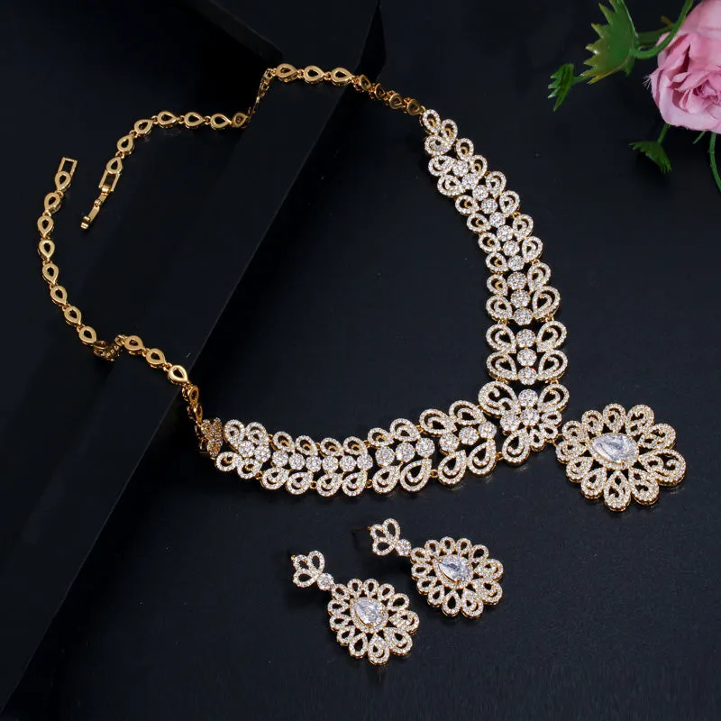Luxurious  Gold Color  Big Statement Cubic Zirconia Necklace and Earrings