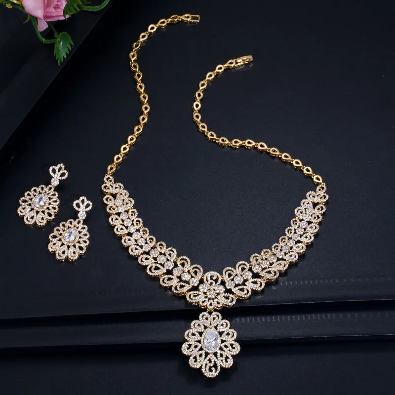 Luxurious  Gold Color  Big Statement Cubic Zirconia Necklace and Earrings