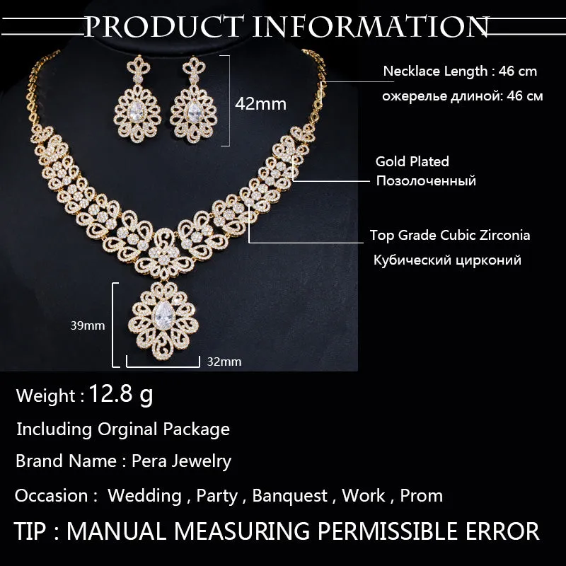 Luxurious  Gold Color  Big Statement Cubic Zirconia Necklace and Earrings