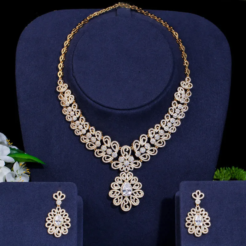 Luxurious  Gold Color  Big Statement Cubic Zirconia Necklace and Earrings