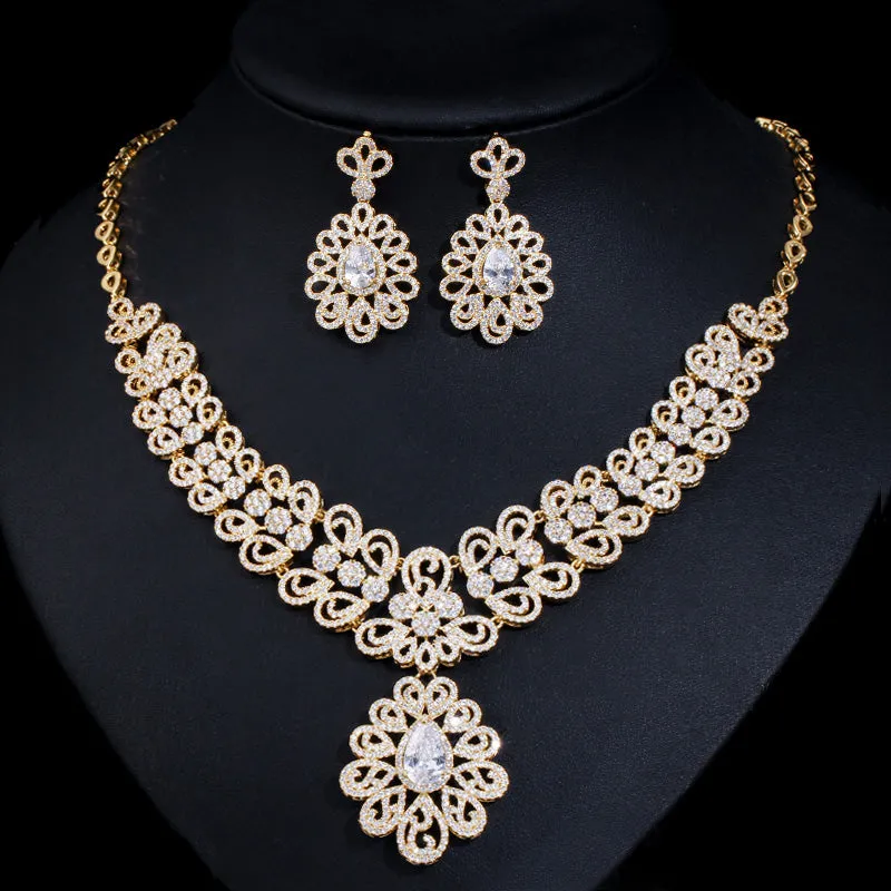 Luxurious  Gold Color  Big Statement Cubic Zirconia Necklace and Earrings