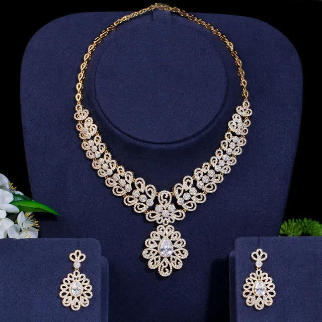 Luxurious  Gold Color  Big Statement Cubic Zirconia Necklace and Earrings