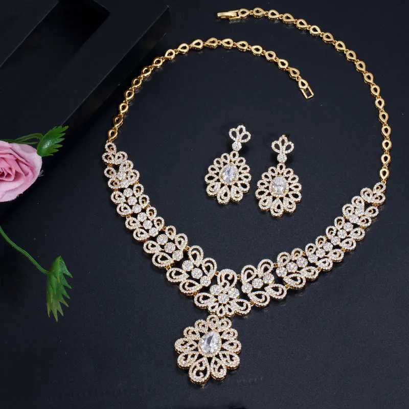 Luxurious  Gold Color  Big Statement Cubic Zirconia Necklace and Earrings