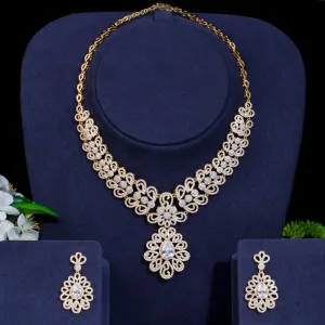 Luxurious  Gold Color  Big Statement Cubic Zirconia Necklace and Earrings