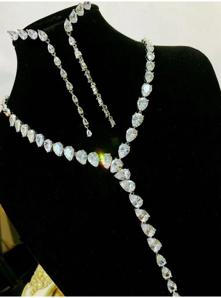 Luxurious Zircon-Encrusted Y-Shaped Necklace and Earrings Jewelry Set