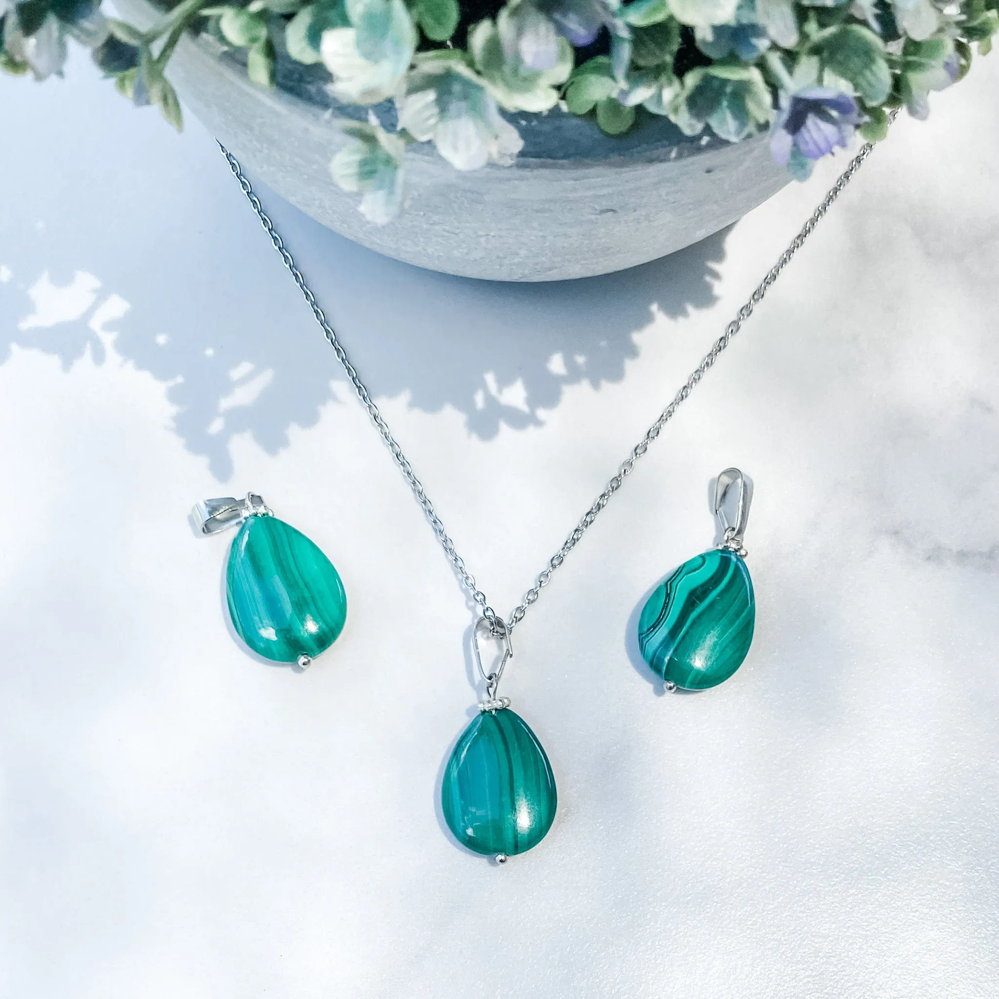 Malachite Tear Drop Shaped Pendant or Necklace
