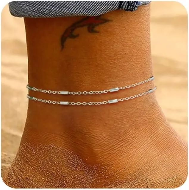 MIDEEO Gold/Silver Ankle Bracelets for Women,14K Gold Anklets for Women Waterproof Cuban Link Heart Beads Herringbone Rhinestone Anklets Set Layered Anklet Bracelets for Women Gold Jewelry Gift