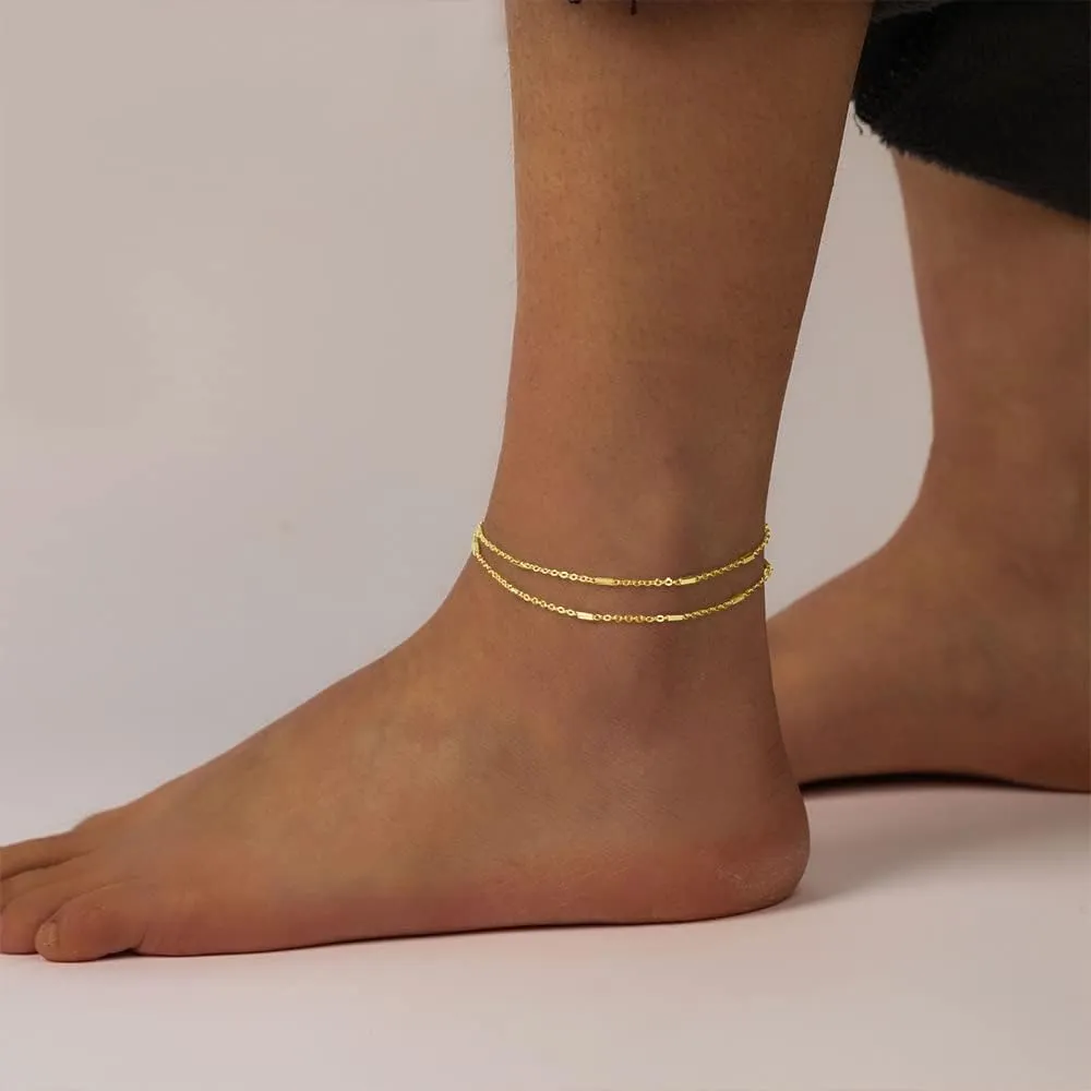 MIDEEO Gold/Silver Ankle Bracelets for Women,14K Gold Anklets for Women Waterproof Cuban Link Heart Beads Herringbone Rhinestone Anklets Set Layered Anklet Bracelets for Women Gold Jewelry Gift