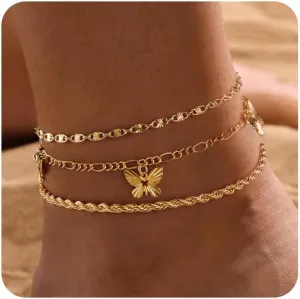 MIDEEO Gold/Silver Ankle Bracelets for Women,14K Gold Anklets for Women Waterproof Cuban Link Heart Beads Herringbone Rhinestone Anklets Set Layered Anklet Bracelets for Women Gold Jewelry Gift
