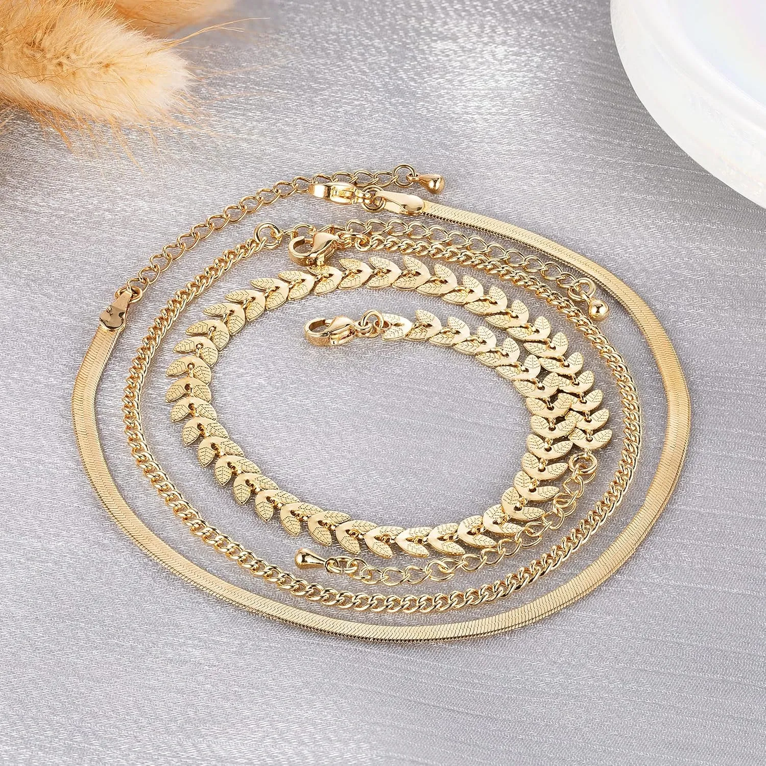MIDEEO Gold/Silver Ankle Bracelets for Women,14K Gold Anklets for Women Waterproof Cuban Link Heart Beads Herringbone Rhinestone Anklets Set Layered Anklet Bracelets for Women Gold Jewelry Gift
