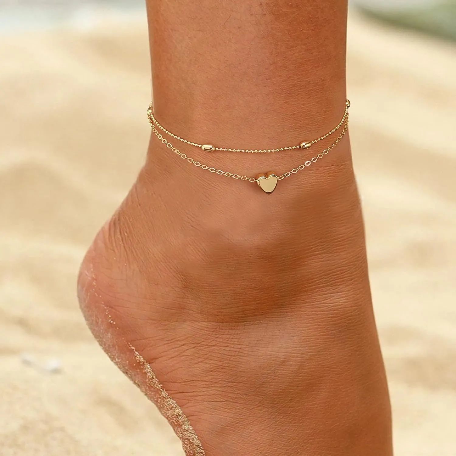 MIDEEO Gold/Silver Ankle Bracelets for Women,14K Gold Anklets for Women Waterproof Cuban Link Heart Beads Herringbone Rhinestone Anklets Set Layered Anklet Bracelets for Women Gold Jewelry Gift