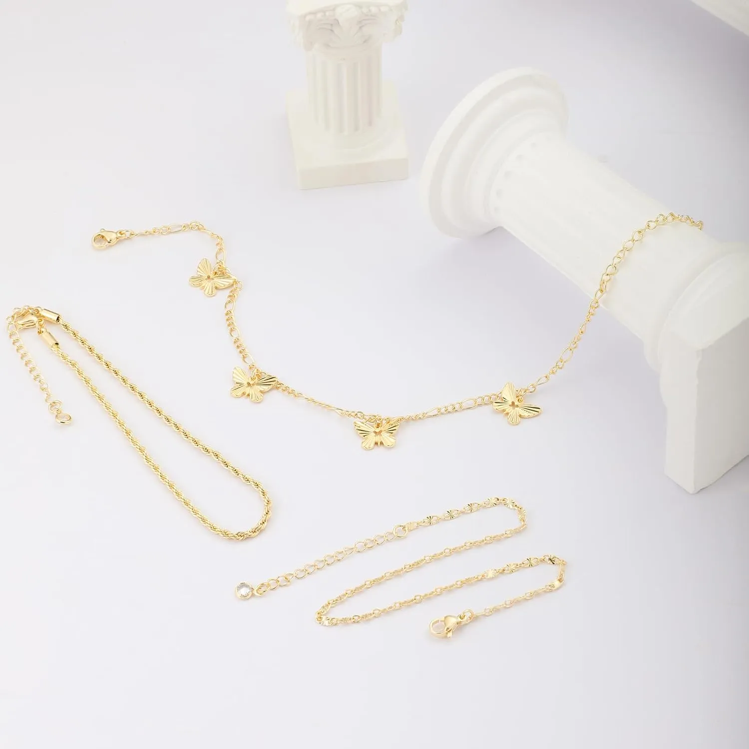 MIDEEO Gold/Silver Ankle Bracelets for Women,14K Gold Anklets for Women Waterproof Cuban Link Heart Beads Herringbone Rhinestone Anklets Set Layered Anklet Bracelets for Women Gold Jewelry Gift