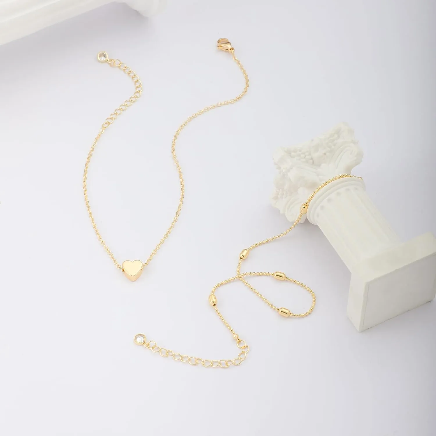MIDEEO Gold/Silver Ankle Bracelets for Women,14K Gold Anklets for Women Waterproof Cuban Link Heart Beads Herringbone Rhinestone Anklets Set Layered Anklet Bracelets for Women Gold Jewelry Gift