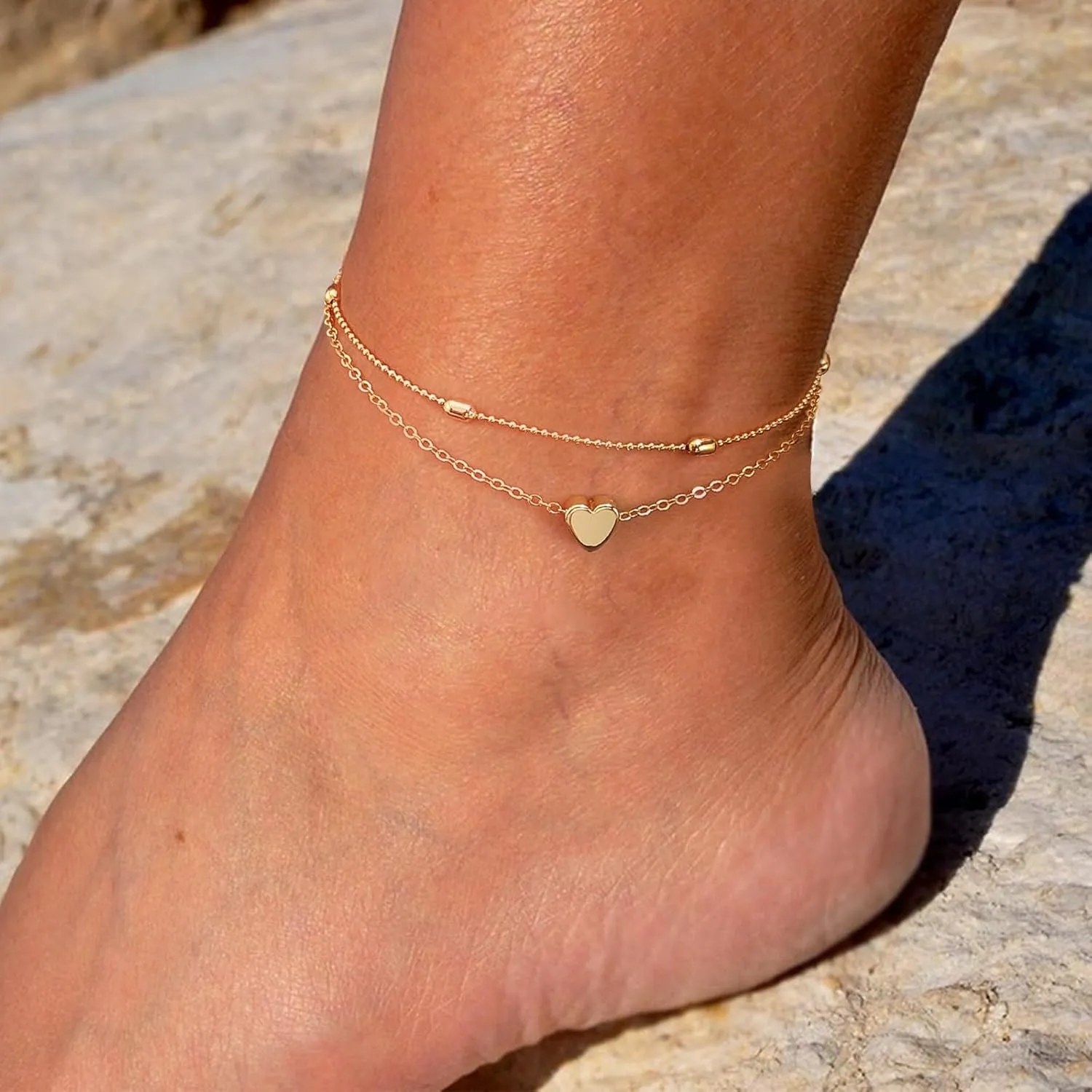 MIDEEO Gold/Silver Ankle Bracelets for Women,14K Gold Anklets for Women Waterproof Cuban Link Heart Beads Herringbone Rhinestone Anklets Set Layered Anklet Bracelets for Women Gold Jewelry Gift