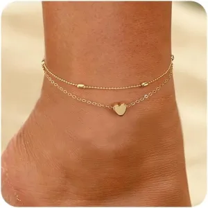 MIDEEO Gold/Silver Ankle Bracelets for Women,14K Gold Anklets for Women Waterproof Cuban Link Heart Beads Herringbone Rhinestone Anklets Set Layered Anklet Bracelets for Women Gold Jewelry Gift