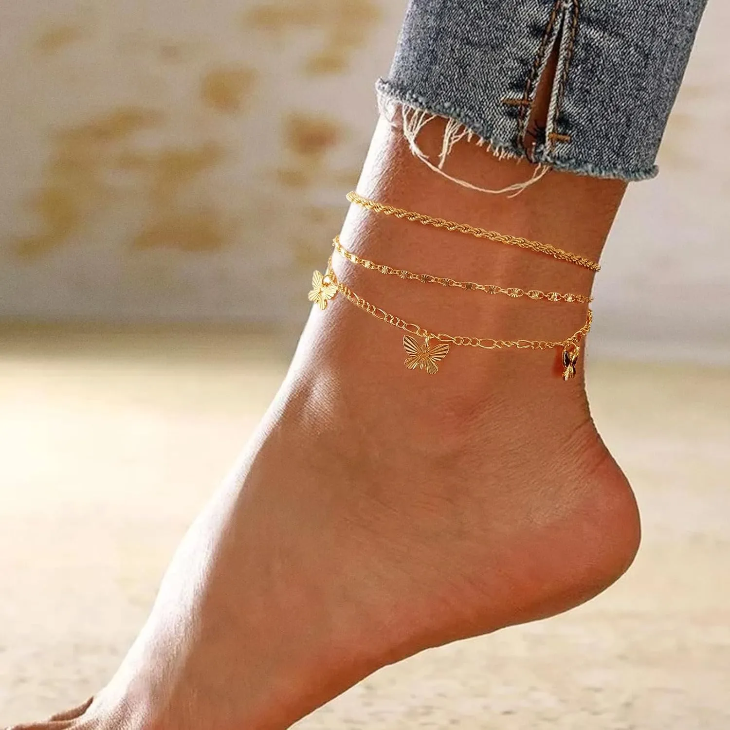 MIDEEO Gold/Silver Ankle Bracelets for Women,14K Gold Anklets for Women Waterproof Cuban Link Heart Beads Herringbone Rhinestone Anklets Set Layered Anklet Bracelets for Women Gold Jewelry Gift