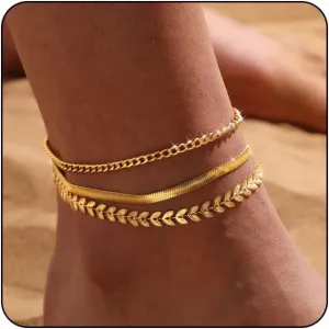 MIDEEO Gold/Silver Ankle Bracelets for Women,14K Gold Anklets for Women Waterproof Cuban Link Heart Beads Herringbone Rhinestone Anklets Set Layered Anklet Bracelets for Women Gold Jewelry Gift