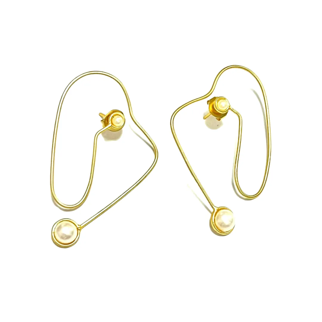 Modern Abstract Gold Wire White Freshwater Pearl Earrings