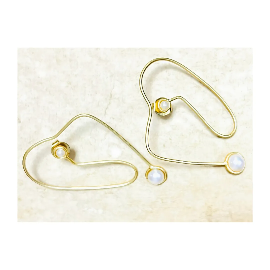 Modern Abstract Gold Wire White Freshwater Pearl Earrings