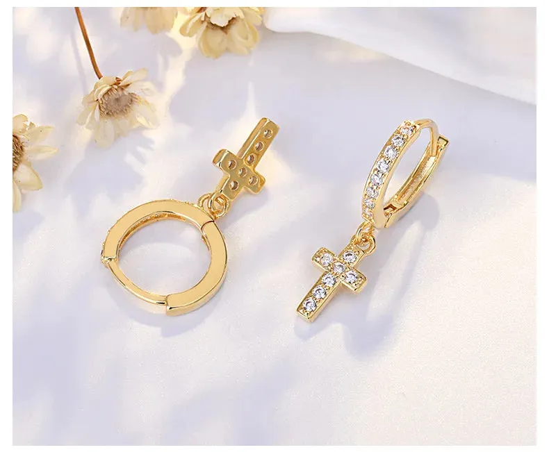 Modern Crystal Cross 925 Sterling Silver Hoop Earrings for Women Fine Dangle Jewelry Accessories