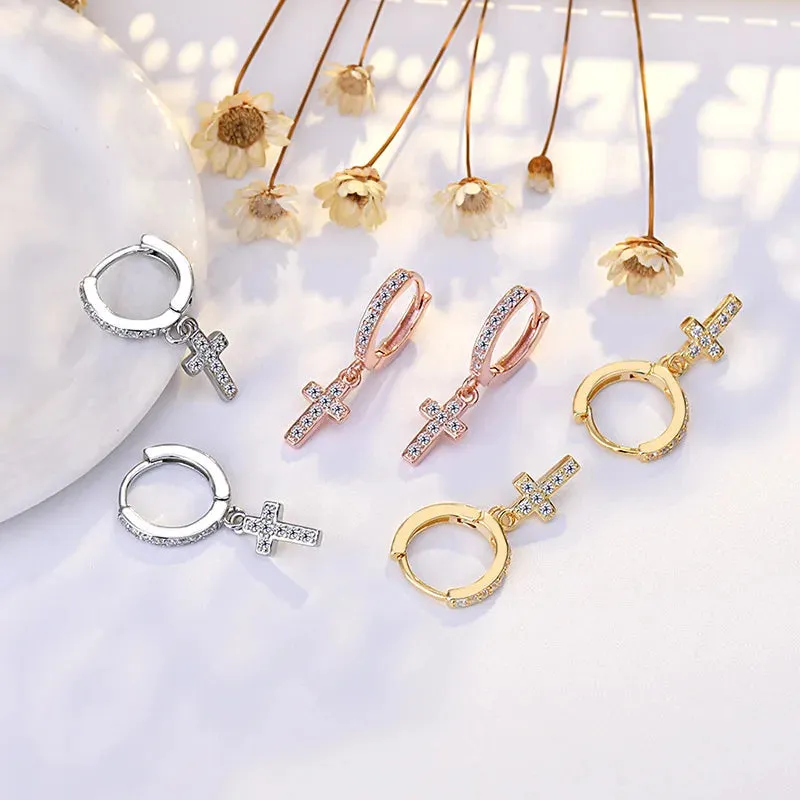Modern Crystal Cross 925 Sterling Silver Hoop Earrings for Women Fine Dangle Jewelry Accessories