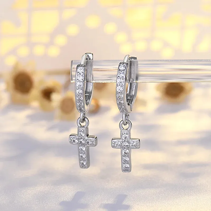 Modern Crystal Cross 925 Sterling Silver Hoop Earrings for Women Fine Dangle Jewelry Accessories