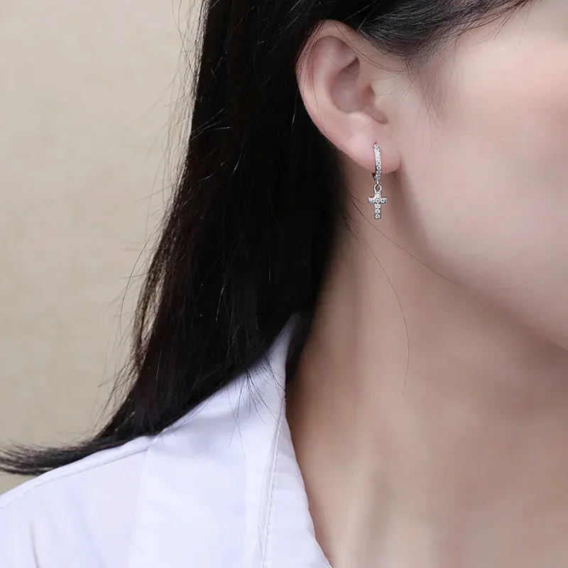 Modern Crystal Cross 925 Sterling Silver Hoop Earrings for Women Fine Dangle Jewelry Accessories