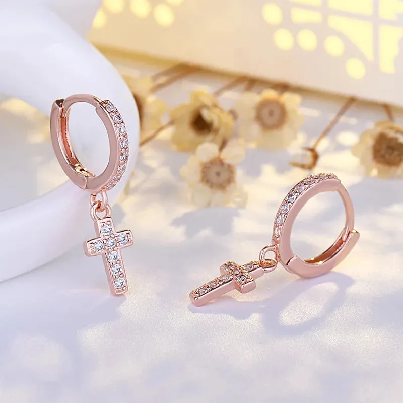 Modern Crystal Cross 925 Sterling Silver Hoop Earrings for Women Fine Dangle Jewelry Accessories