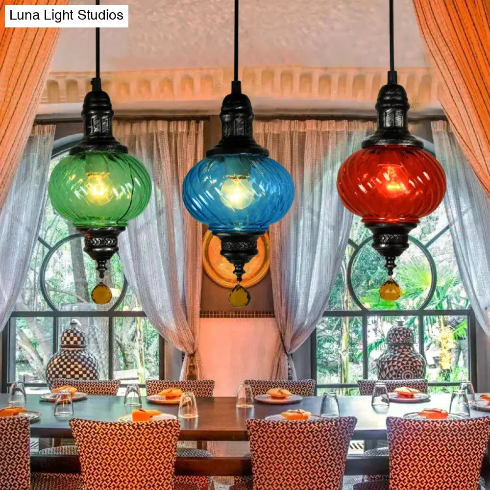 Moroccan Oval Textured Glass Pendant Light - Vibrant Red/Blue/Green - Ideal for Restaurants