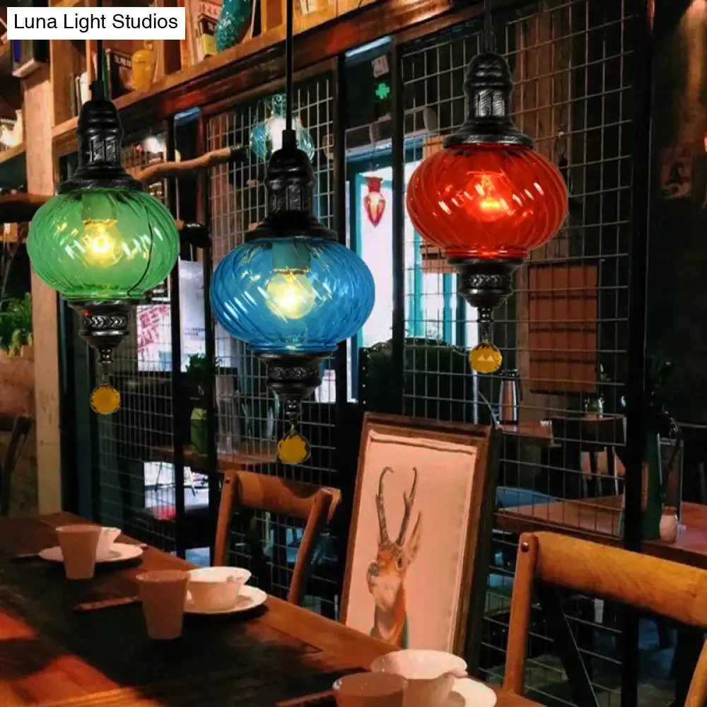 Moroccan Oval Textured Glass Pendant Light - Vibrant Red/Blue/Green - Ideal for Restaurants